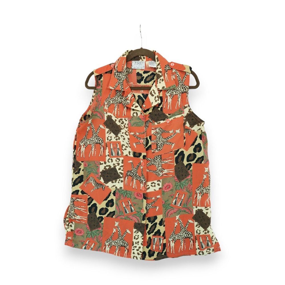 Vintage First Class Womens Blouse Sleeveless Size‎ M Animal Print Safari Giraffe